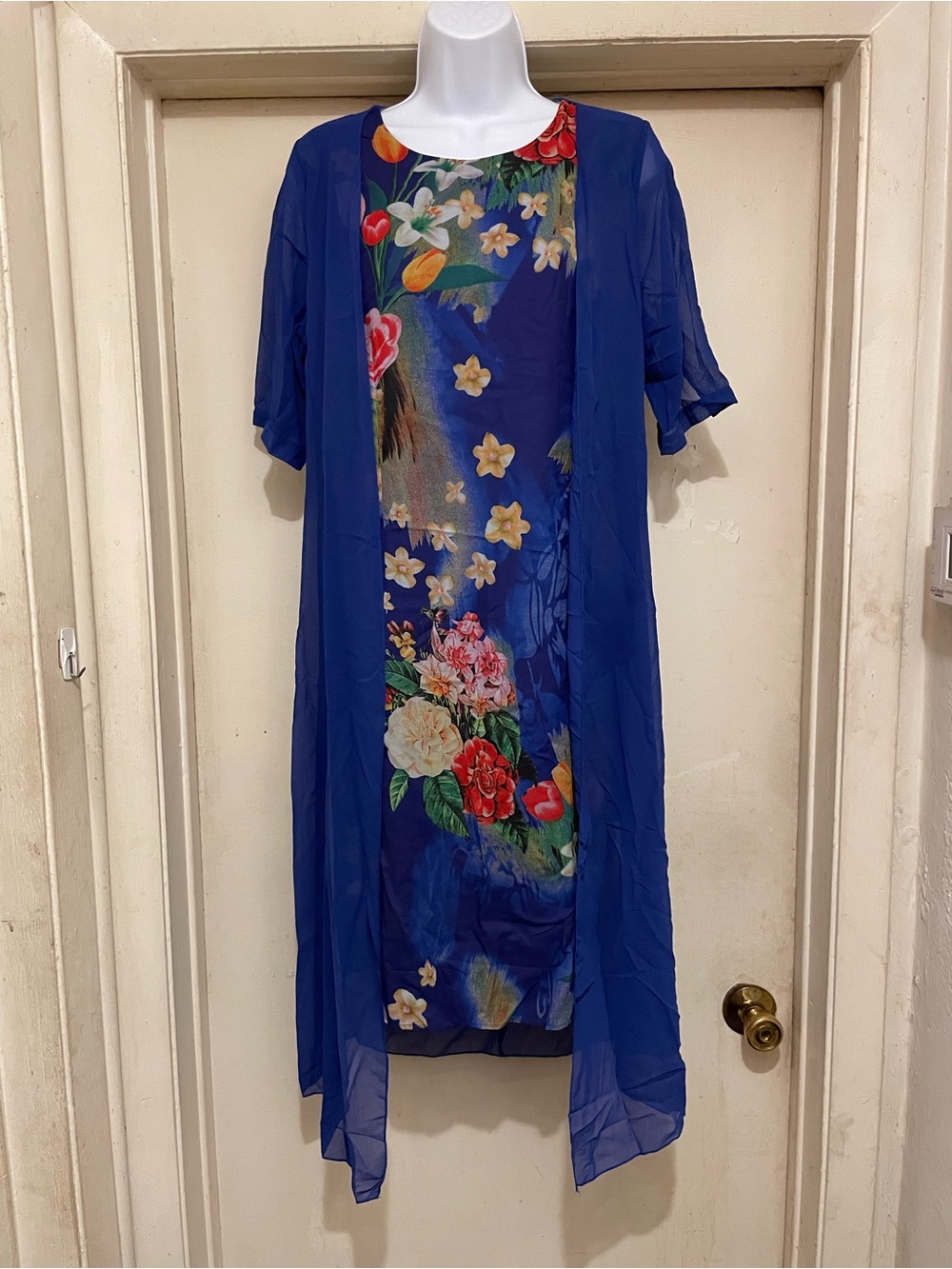 Women’s Blue Floral Sheer Chiffon Midi Dress L Round Neck